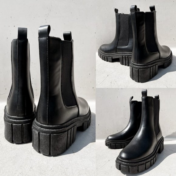 NEW Black Lug Sole Chunky Platform Elastic Ankle Block Heel Chelsea Boot Booties - Picture 5 of 12